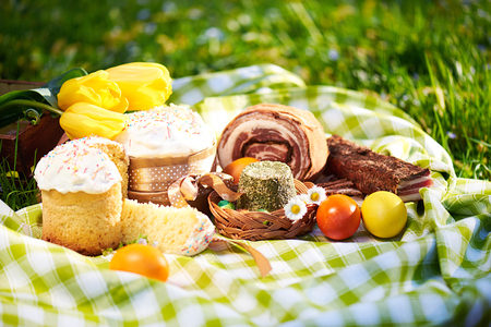 Easter cake and bright colored eggs gathered together with meat, treats and tulips on the lawn among the grassの写真素材