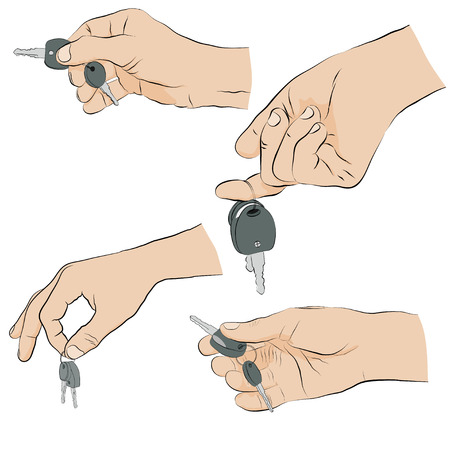 Man holding keys in hand. Collection of man's hands with keys isolated on white background. Vector illustration.のイラスト素材