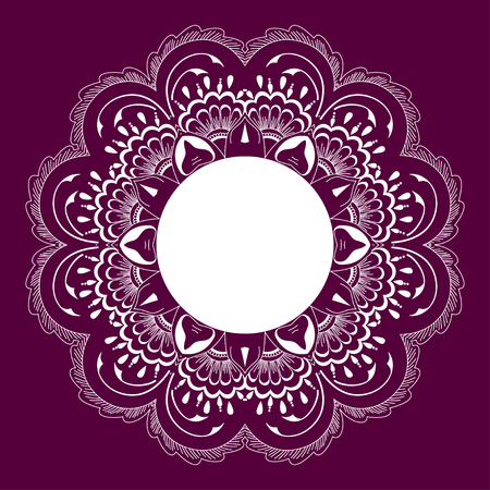 Hand-drawn round ornament with place for text. Abstract mandala. Vintage lacy white ornament on violet background.のイラスト素材