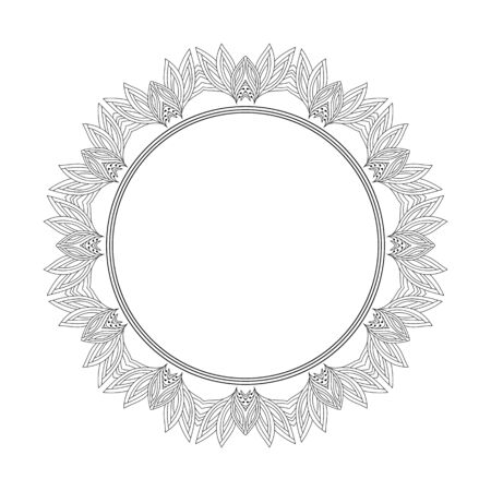 Round black doodle ornament  with place for text on white background. Abstract frame, invitation, greeting card.のイラスト素材