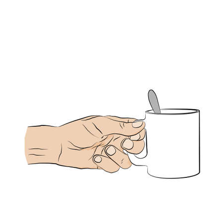 Man holding cup.  Cup with spoon in human handのイラスト素材