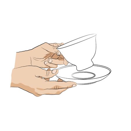 Hands holding cup with saucer. Design element for cafe, restaurantのイラスト素材