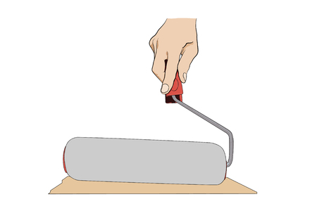 Man holding  paint-roller. Icon with hand and pain-roller isolated on white.のイラスト素材