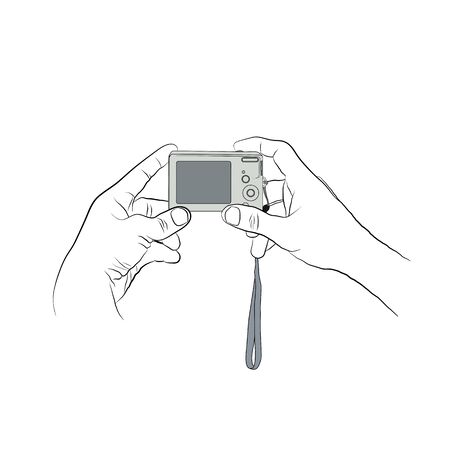 Two hands line art style with colored digital camera. Man holding digital camera in two hands. Man pushing button on digital camera.のイラスト素材