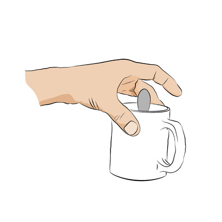Man holding cup.  Cup with spoon in human handのイラスト素材