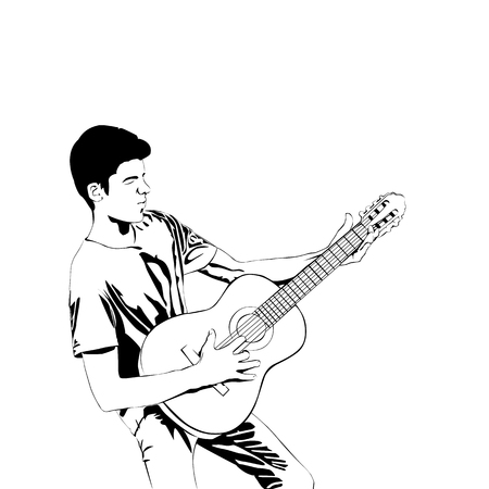 Young man playing the guitar . Man with acoustic guitar line art style. Vector illustration guitarist isolated on white backgroundのイラスト素材