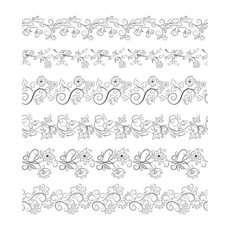 Black seamless floral border collection vintage style.のイラスト素材