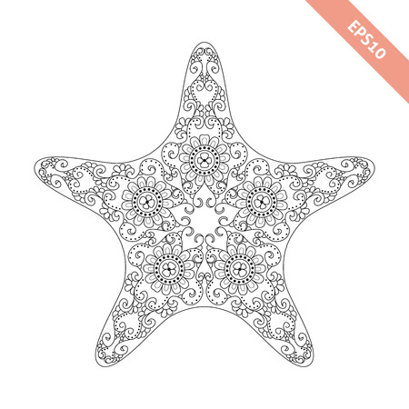 Vector illustration cartoon starfish with doodle ornament. Design for coloring book page. Decorative elementのイラスト素材