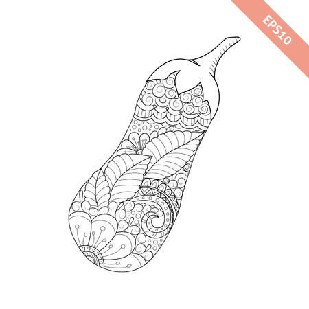 Vector illustration cartoon eggplant with floral ornament. Coloring book pageのイラスト素材