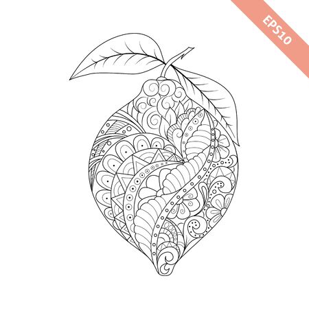 Vector illustration cartoon lemon with floral ornament. Coloring book pageのイラスト素材