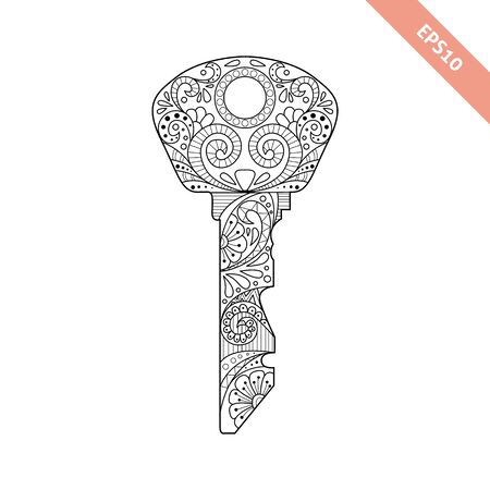 Vector illustration key with  ornament.  Hand drawn ornate key isolated on white backgroundのイラスト素材