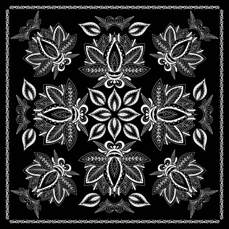 Black and white abstract bandana print with  element henna style. Square pattern design for pillow, carpet, rug. Design for silk neck scarf, kerchief, hankyのイラスト素材