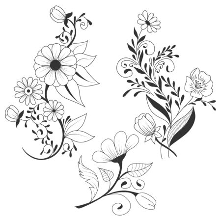 Decorative flower doodle style collection. Floral set for your design, tattoo.のイラスト素材