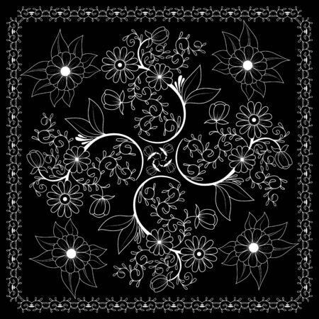 Black and white  bandana print with floral pattern. Square pattern design for pillow, carpet, rug. Design for silk neck scarf, kerchief, hankyのイラスト素材