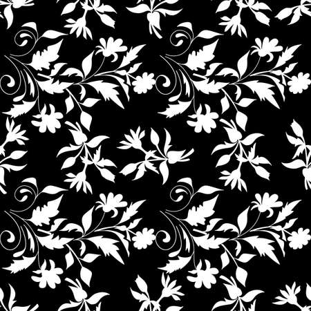 Black and white seamless  pattern with hand drawn silhouettes doodle flower and leaf. Textile, backdrop, cover, wrapper.のイラスト素材