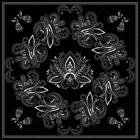 Black and white abstract bandana print with  element henna style. Square pattern design for pillow, carpet, rug. Design for silk neck scarf, kerchief, hankyのイラスト素材