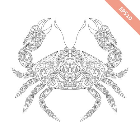illustration cartoon crab with floral doodle ornament. Design for coloring book page. Decorative elementのイラスト素材