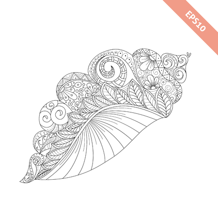 illustration cartoon sea shell with floral doodle ornament. Design for coloring book page. Decorative elementのイラスト素材