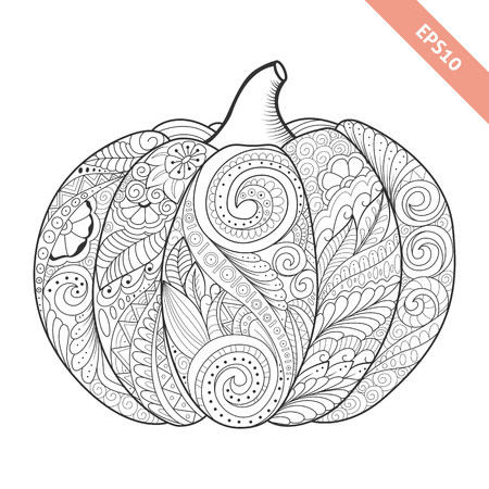 A Vector illustration cartoon pumpkin with floral ornament. Coloring book page. Decorative element.のイラスト素材