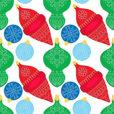 Seamless colorfull pattern with cartoon ornate Christmas ball . Background, backdrop, textile, wrapper.のイラスト素材