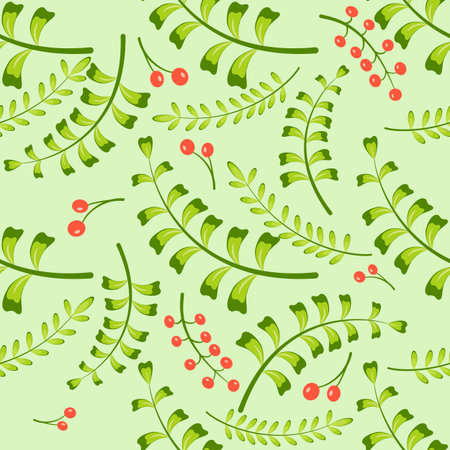 Leaf and berry doodle style seamless pattern. Srping-summer background, textile, fabric, wrapper.のイラスト素材