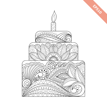 Big cake with candle with floral doodle ornament. Coloring page book. Ornate black line sweet cakeのイラスト素材