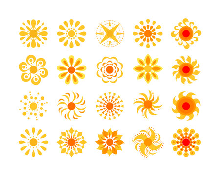 Yellow sun icon set isolated on white. Abstract circular decorative element in yellow-orange colorのイラスト素材