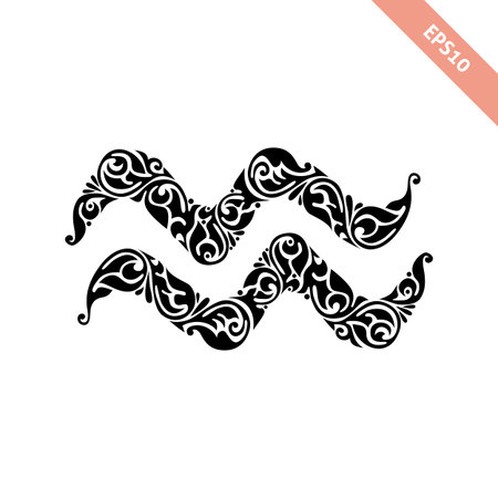 Hand drawn black ornate horoscope symbol - Aquarius. Zodiac icon.のイラスト素材