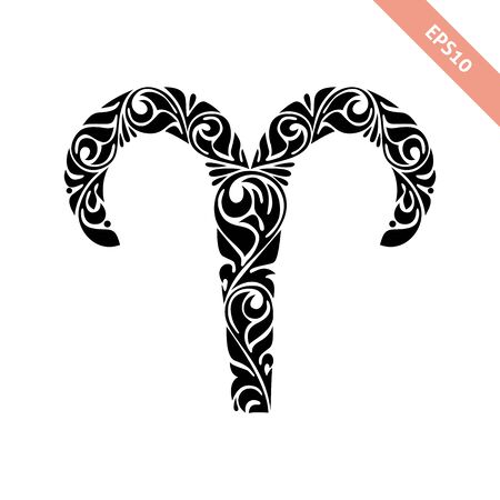 Hand drawn black ornate horoscope symbol - Aries. Zodiac icon.のイラスト素材
