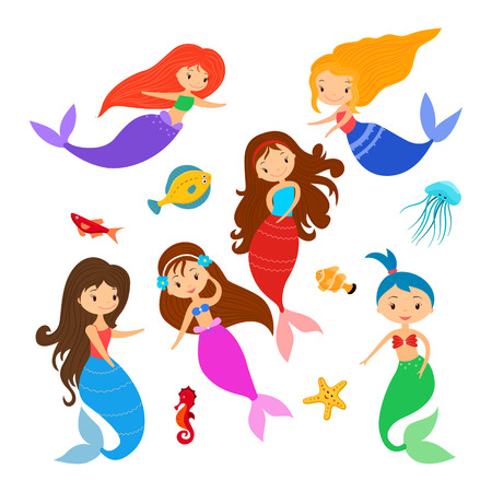 Cute little cartoon  mermaids and sea animal set.のイラスト素材