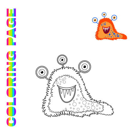 Black line and color version of funny fluffy orange monster  for kids coloring page bookのイラスト素材