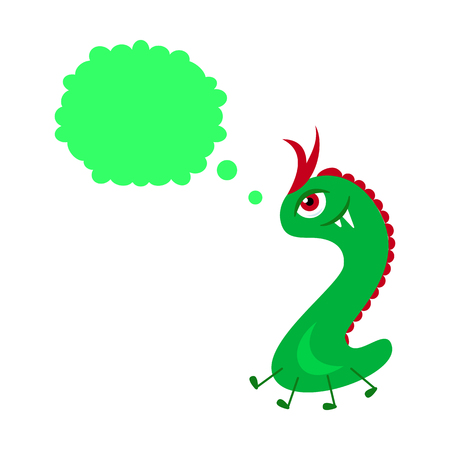 Funny cartoon green monster with speech bubble. Monster with empty message bubbleのイラスト素材
