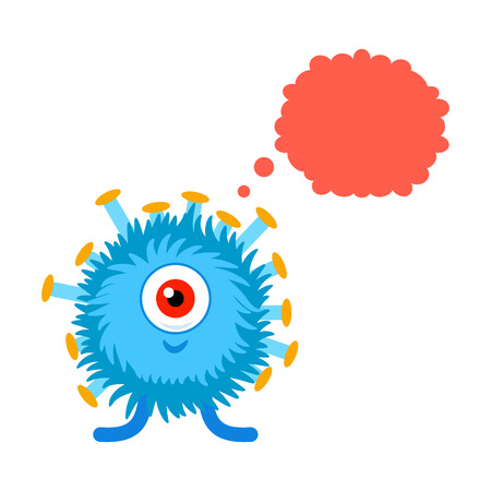 Funny cartoon blue fluffy monster with speech bubble. Monster with empty message bubbleのイラスト素材