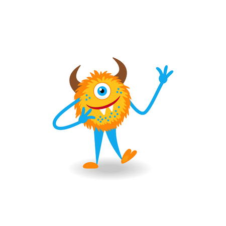 Cartoon yellow fluffy horned cheerful monster isolated on whiteのイラスト素材