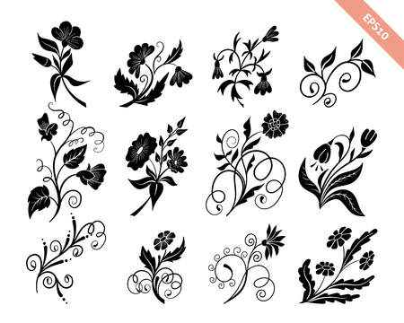 Hand drawn doodle floral silhouettes collection. Decorative element, stencil, tattooのイラスト素材