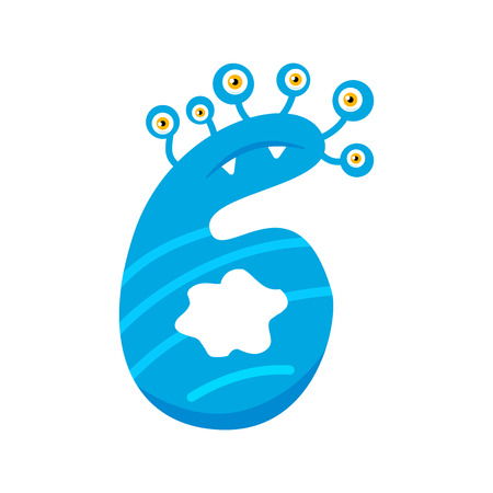 Cartoon cute blue monster number Six isolated on white background. Can be used for kids learning counting or mathematics. Decorative elementのイラスト素材