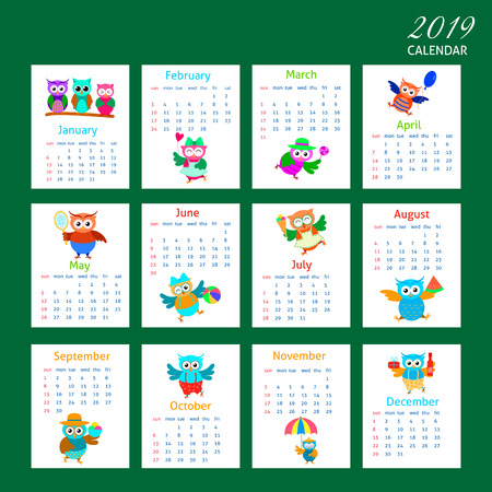 Cartoon owls calendar 2019 design.のイラスト素材