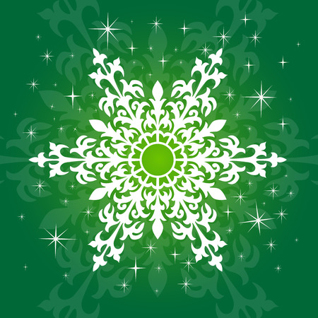 Cute lacy snowflake on green background. Template for Christmas and New Year holidays designのイラスト素材