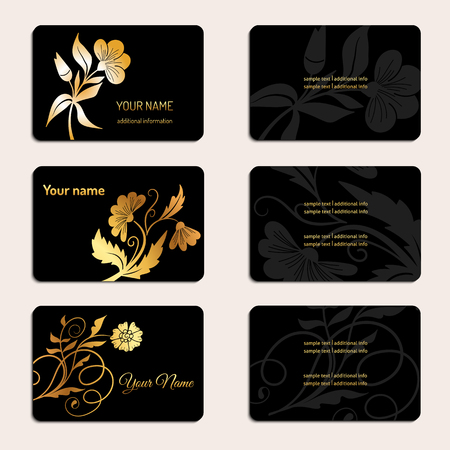 Black business card with golden floral silhouette. Template  collection for identity, invitation, announcementのイラスト素材