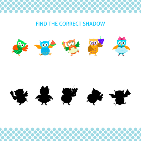 Find the correct shadow kids educational game. Cartoon owls with silhouettes setのイラスト素材