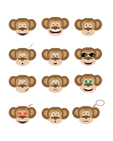 Emotions monkey set. Smiling, bored, enamored, sleepy, sad and other emotions chimpanzees collection. Set expressions avatarのイラスト素材