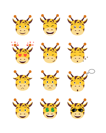 Cartoon giraffe emotions set. Smiling, bored, enamored, sleepy, sad and other giraffe's emotions  collection. Set expressions avatarのイラスト素材