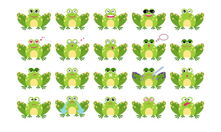 Cartoon funny frog emoticon set.Smiling, bored, enamored, sleepy, sad, crying, sick, crazy and other frog emotions  collection. Set expressions avatarのイラスト素材