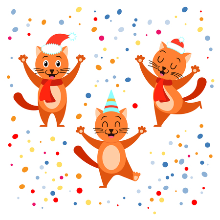 Festive funny cat collection in confetti background.Can be used for Christmas design.のイラスト素材