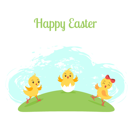 Three cartoon funny chicken on green meadow. Happy Easter greeting card template. Background, poster, banner.のイラスト素材