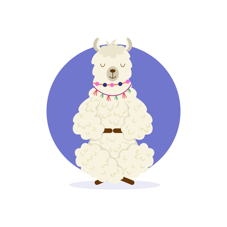 Cute cartoon llama practicing yoga pose. Animal yoga. Relaxation and meditation illustration.のイラスト素材