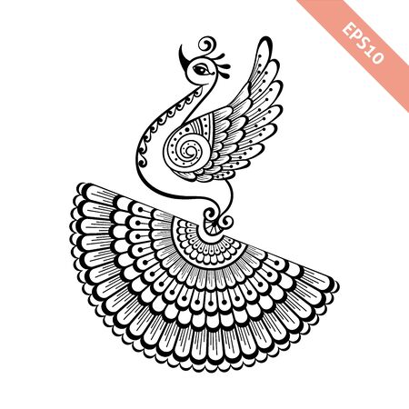 Hand drawn black line peacock mehendi style.Decoration in ethnic Indian style.Doodle sketch for tattoo, coloring page, t-shirt design, embroidery.のイラスト素材