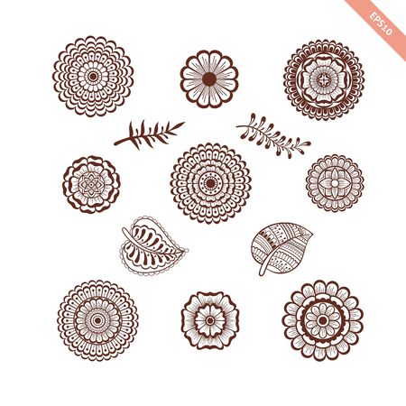 Decorative hand drawn element henna style collection. Floral set for your design, tattoo. Henna-mehndi doodles designのイラスト素材