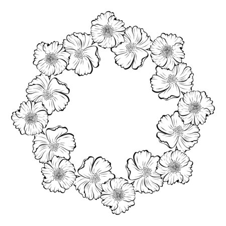 Sketch style floral empty round frame for invitation, romantic message, anniversary, announsement.のイラスト素材