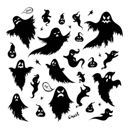 Hand drawn black silhouette of doodle ghost and pumpkin set. Collection of Halloween symbol. Magic creature set.のイラスト素材
